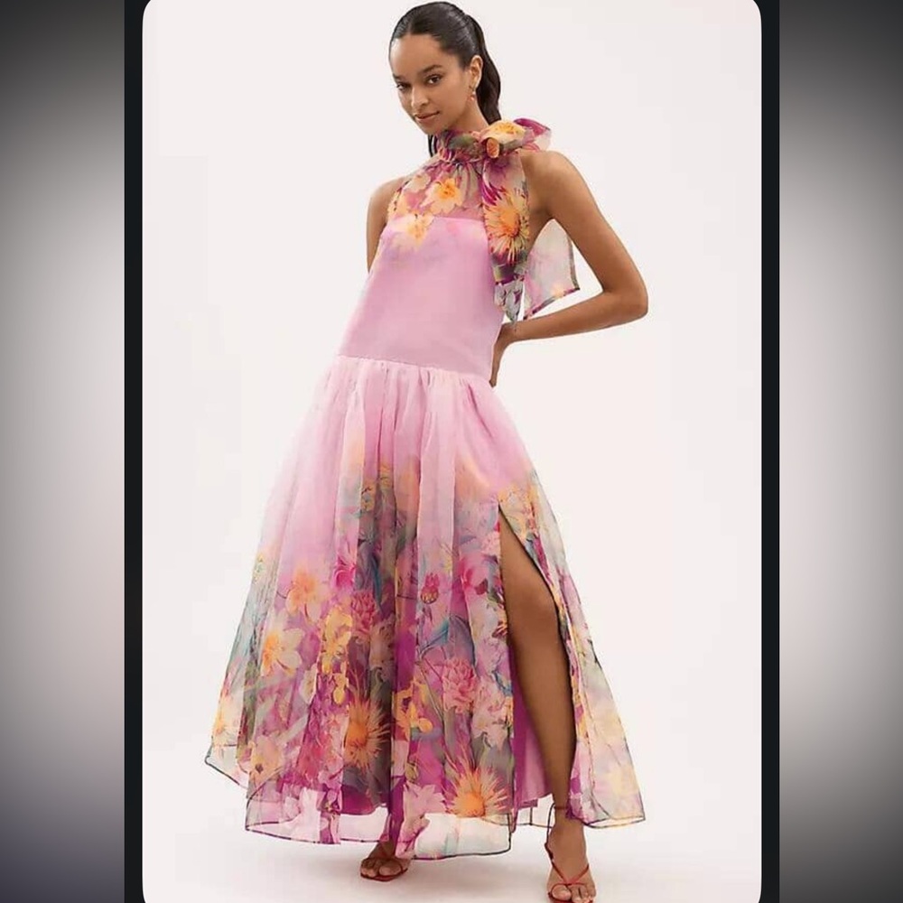 BHLDN Kendall Pink Floral High-Low Halter Gown